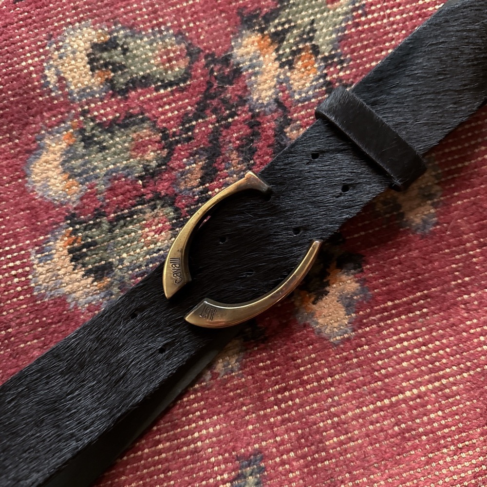 Just Cavalli Black Calf Leather Belt Plus Size 44”
